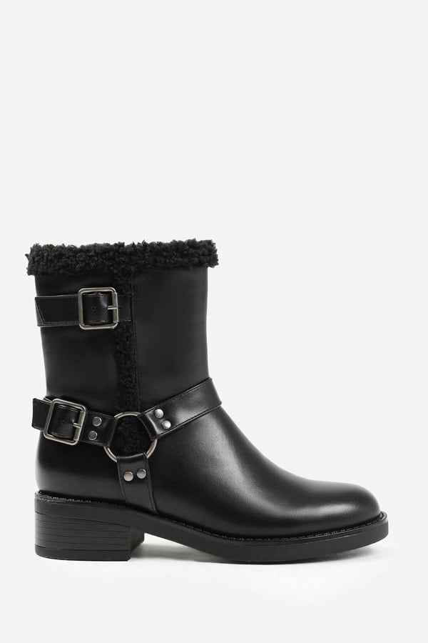 Where's That From Wynter Ankle Boot With Buckle Detailing in Black Faux Leather