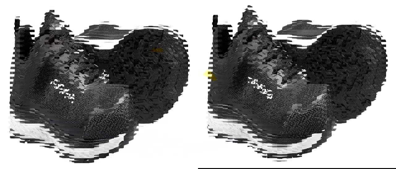 TOWORKFOR Super Set Mens/Womens Composite S1P Safety Trainers, black and white safety trainers with durable sole and composite toe cap.