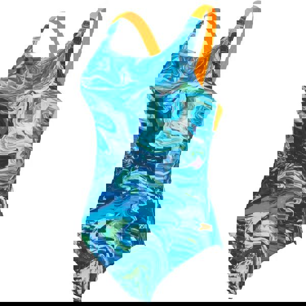 Zoggs Spatial Speedback swimsuit in blue/green marble with orange straps