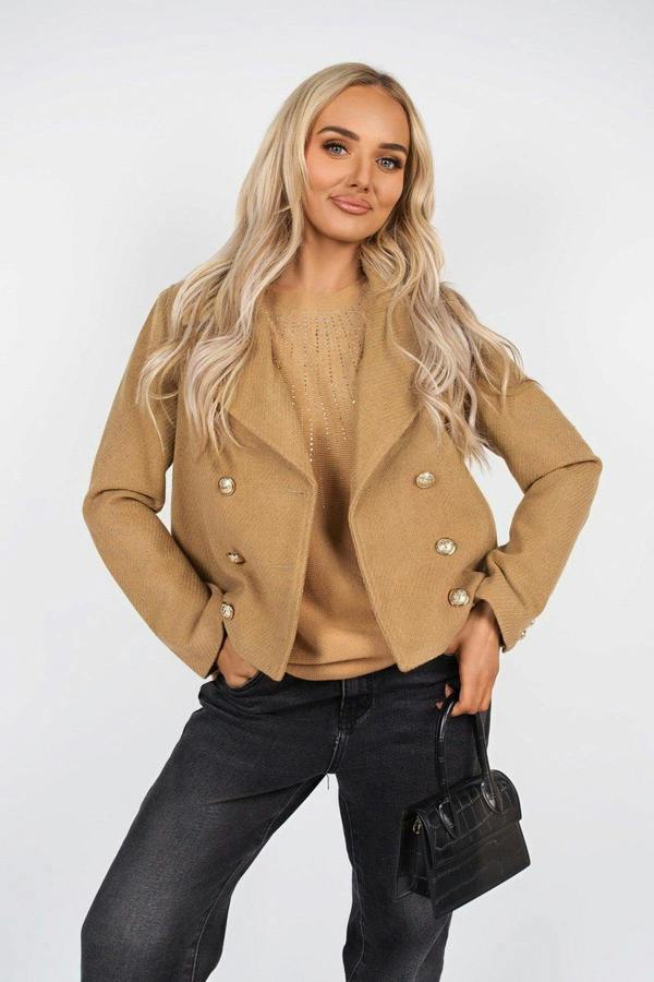 Leona Cropped Double Breasted Jacket With Luxe Button Detail - Camel