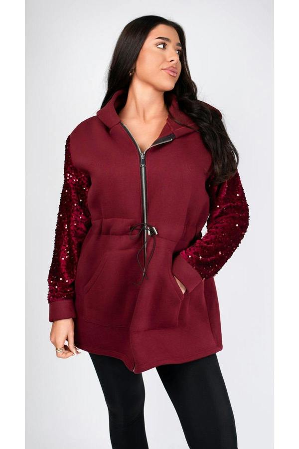 Evalora Zip Up Hoodie With Sequin Sleeve Detail - Wine