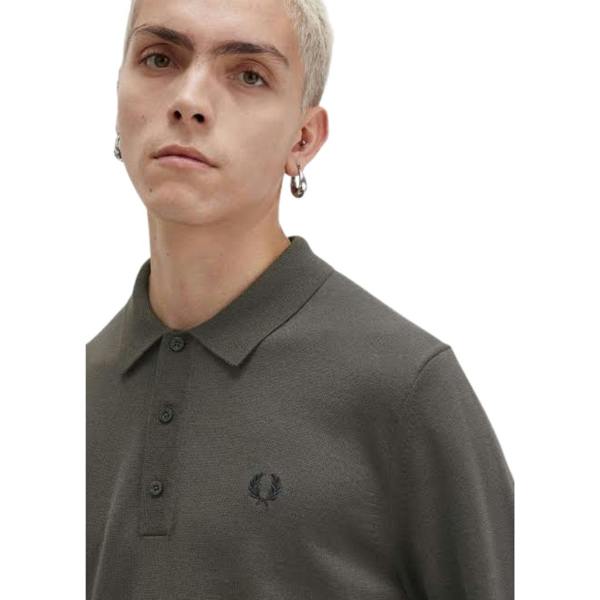 Fred Perry Plain Field Green Long Sleeve Knitted Polo S