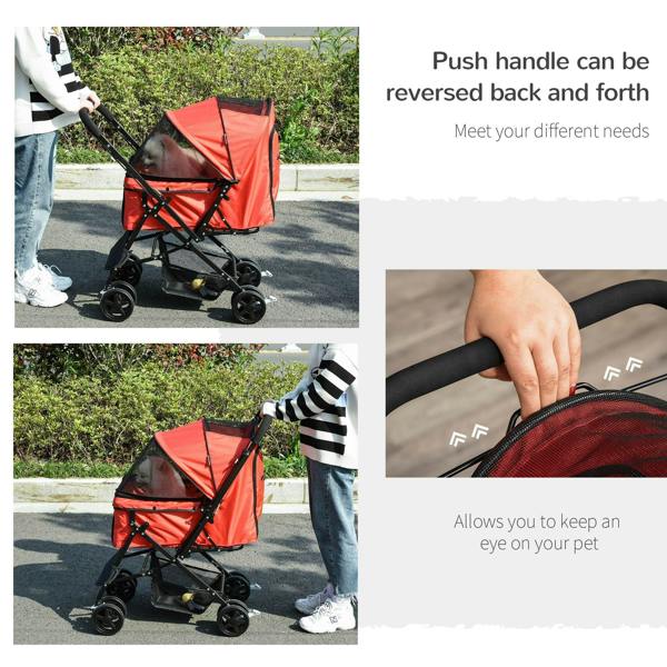 Red pet stroller with reversible handle and side window mesh for visibility.