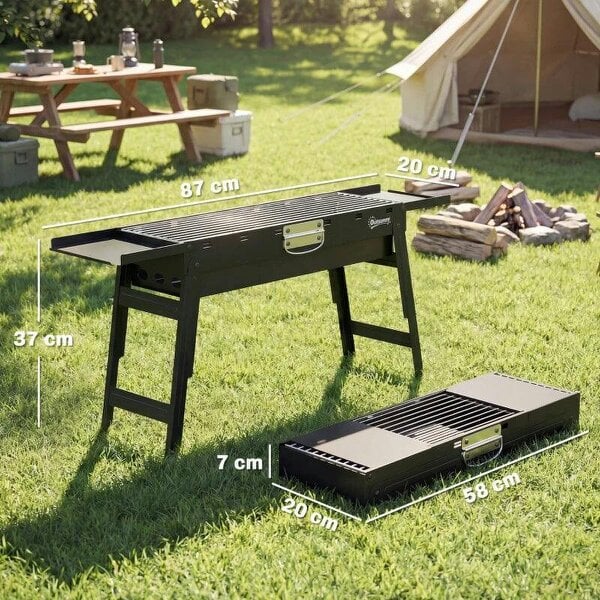 Bobobiy Portable BBQ Grill, Foldable Charcoal Grill for Camping and Picnics with 2 Side Shelves and Handle, Black