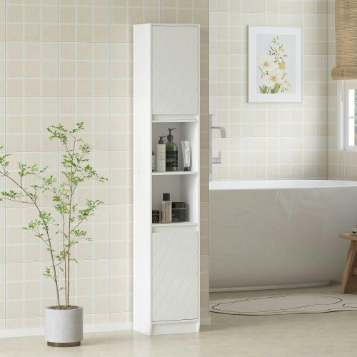 Wyld Haus Fibava Slim Freestanding Bathroom Storage Cabinet With OFauxn Compartment Adjustable Shelves White 30 x 24 x 170 cm