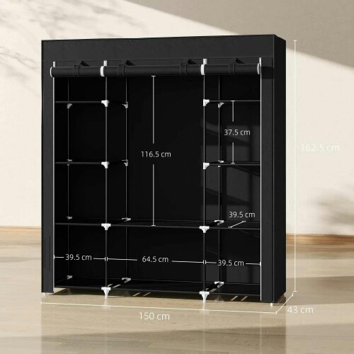 Portable Wardrobe, Foldable Fabric Wardrobe, 150 x 43 x 162.5cm, Clothes Storage Organiser - Hanging Rail, Shelves, Fabric Cover, Black