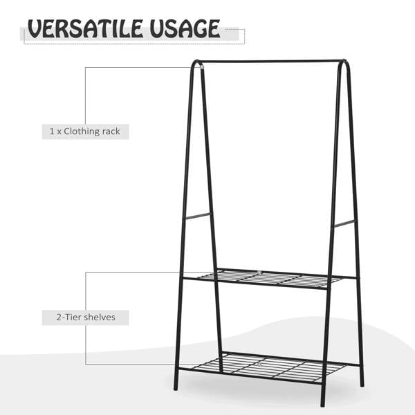 Black coat rack stand with hanging rail and 2-tier shelves, versatile storage