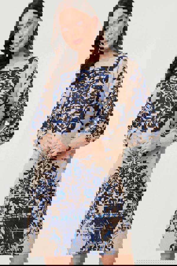 Beige | Baroque Print Short Jumper Dress
