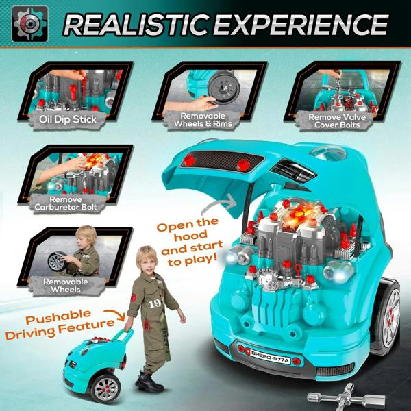 Teal kids ride-on toy car with open hood showing colorful engine details and wheels