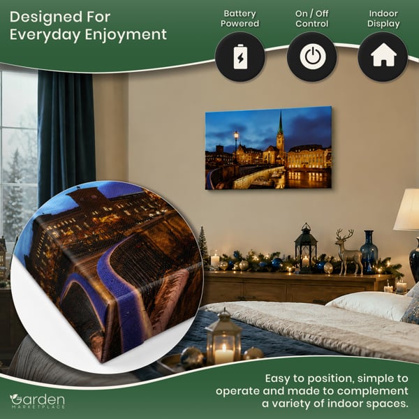 Fraumünster Church Print LED Canvas, Zurich Scene with 8 LED Lights, 60 x 40 cm, Stretched Wooden Frame