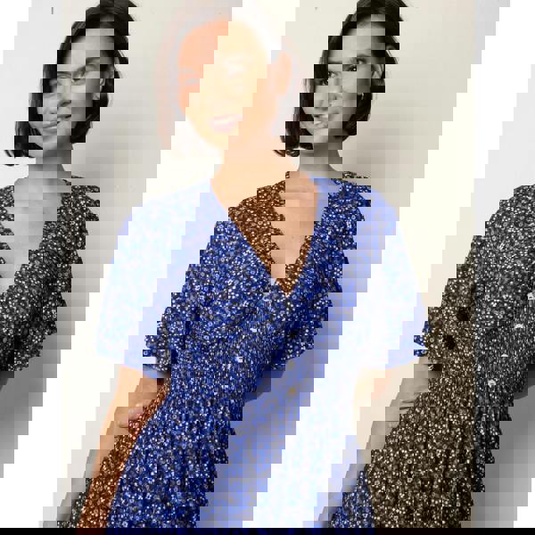 Blue Vanilla Ditsy Floral Button Front Raglan Trim Dress