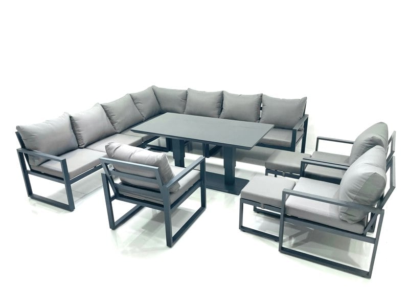 Fimous 12 Seater Outdoor Aluminium Garden Furniture Set Corner Sofa 3 Chair 2 Small Footstool Adjustable Rising Lifting Dining Table Sets Dark Grey