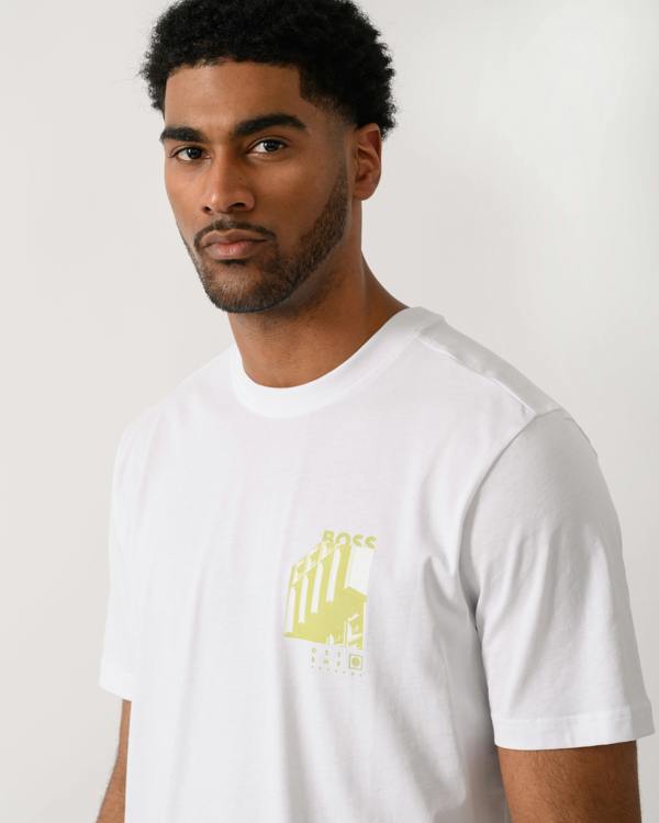 close up shot of a model wearing a BOSS Orange Te Board Mens T-Shirt in White 100
