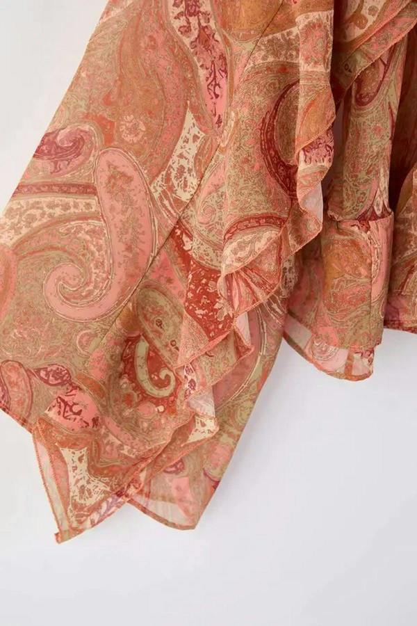 WOVCOR Shawl Patterned Ruffled Chiffon Woven Plus Size Blouse