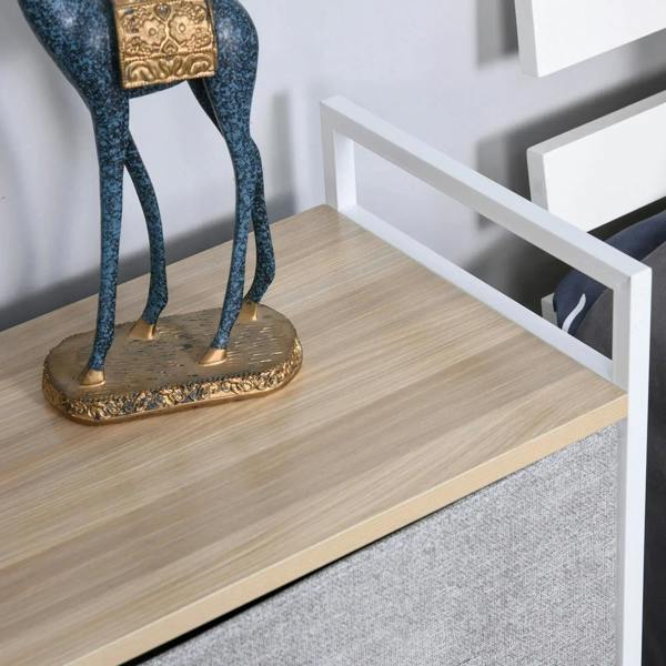 Grey linen fabric drawer storage unit with light wood-effect tabletop and side rails