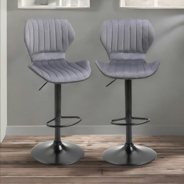 Rafaelo Mobilia Grey Retro Velvet Bar Stools Set Of 2 With Adjustable Height & Swivel