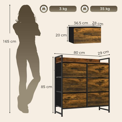 HOMCOM Bedroom Chest of Drawers 6 Drawer Dresser w/ Shelf, Rustic Brown