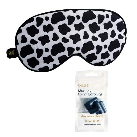 SMUG Satin Sleep Mask - Cow Print - Sleep Mask & Black Earplugs