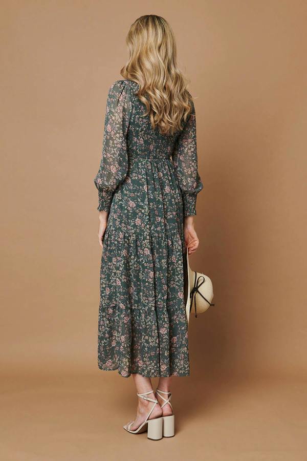 Sage | Ditsy Floral Long Sleeve Midi Dress