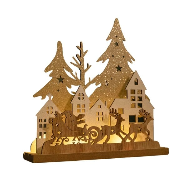 Samuel Alexander 20cm Battery Operated Light up Wooden Village with Santa in Sleigh and Warm White LEDs