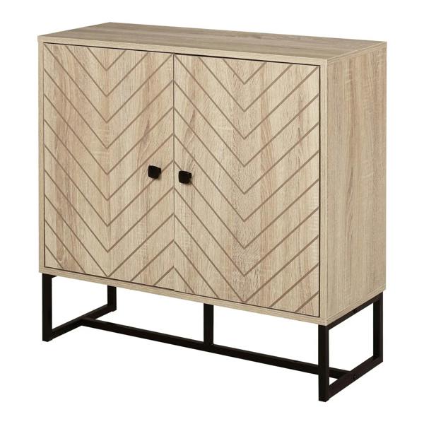 Oak 2-tier storage cabinet with chevron doors, black metal legs, and two dark knobs