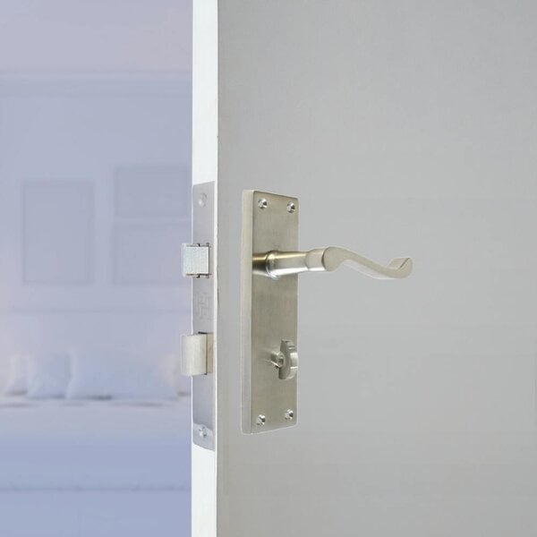 EDH Door Hardware Internal Satin Bathroom Door Handle with Privacy Lock Set Victorian Style,  2 Pairs