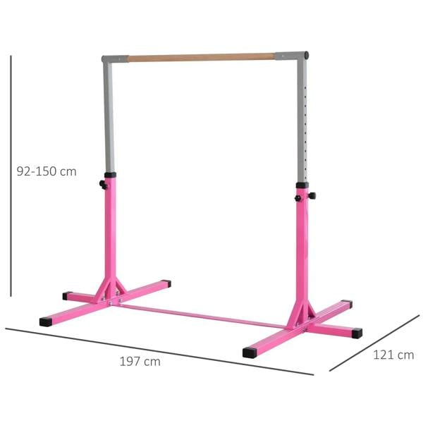 Pink height-adjustable kids horizontal bar frame with wooden grip and measurement guides