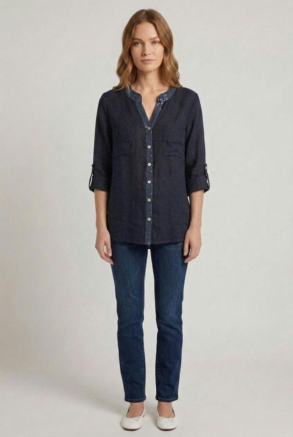 Navy | Sequin Trim 3/4 Sleeve Relaxed Shirt