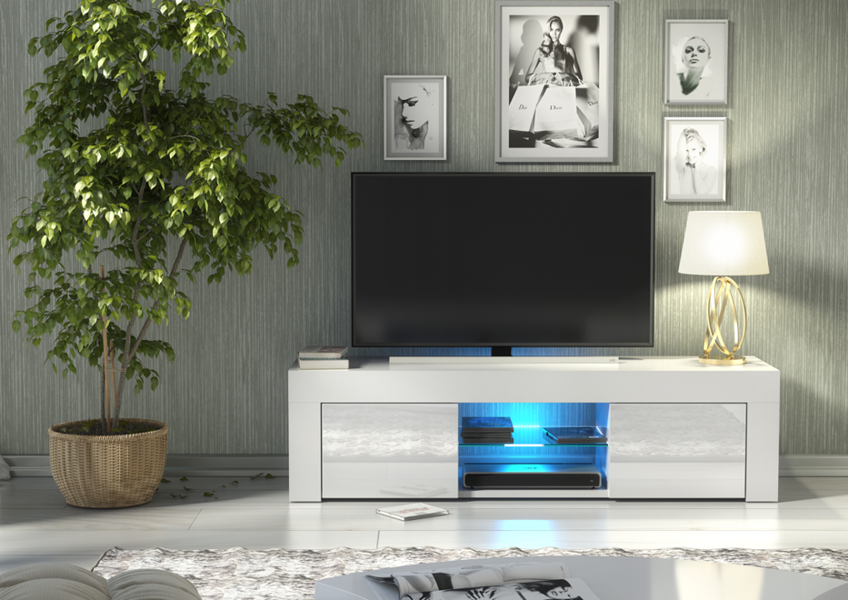 Mex Furniture Striking 130cm TV Unit & Cabinet White High Gloss Doors Free LED Lights