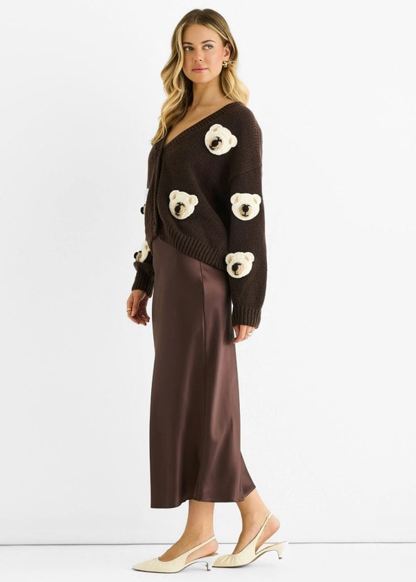 Gini London Chocolate 3D Contrast Teddy Crochet Cardigan