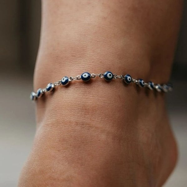 The Colourful Aura Golden Blue Evil Eye Minimalist Adjustable Protection Beaded Turkish Anklet