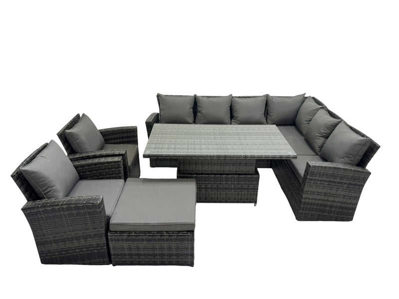 Fimous 9 Seat Rattan Garden Furniture Corner Sofa Set Outdoor Adjustable Lifting Dining or Coffee Table Set with Big Footstool Dark Grey Mixed