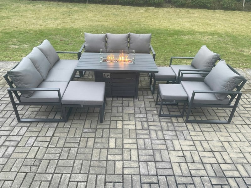 Fimous Aluminium Outdoor Garden Furniture Set Patio Lounge Sofa Gas Fire Pit Dining Table Set with 3 Footstools Dark Grey