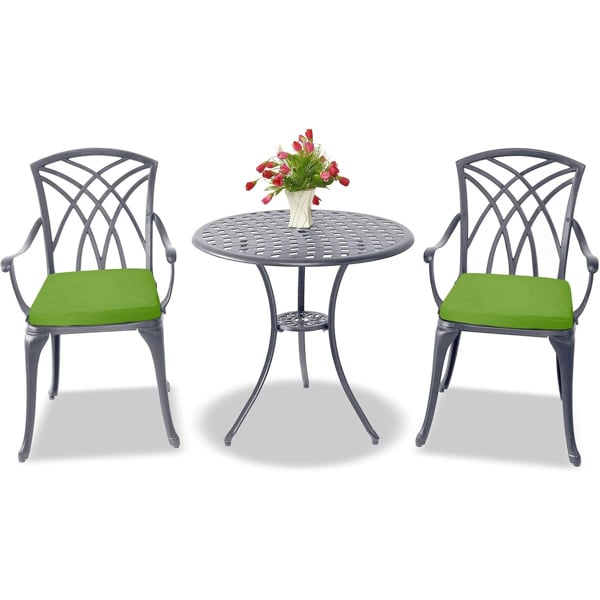 Centurion Supports OSHOWA Luxurious Garden and Patio Table and 2 Large Chairs with Armrests Cast Aluminium Bistro Set - Grey with Green Cushions