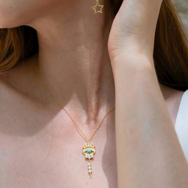 Spero London Turquoise Evil Eye Eyelash Drop Sterling Silver Necklace