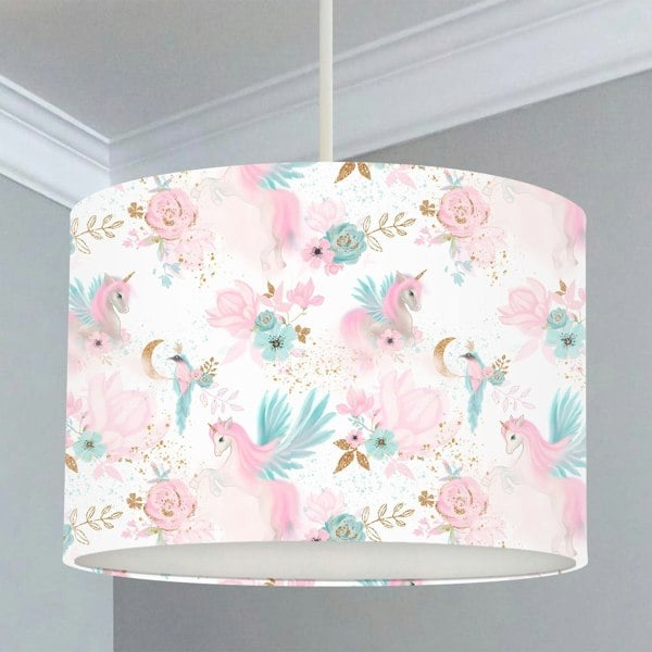 Children's bedroom and nursery lampshade, Pink and blue, Unicorn, birds, flowers, moon, fantasy.