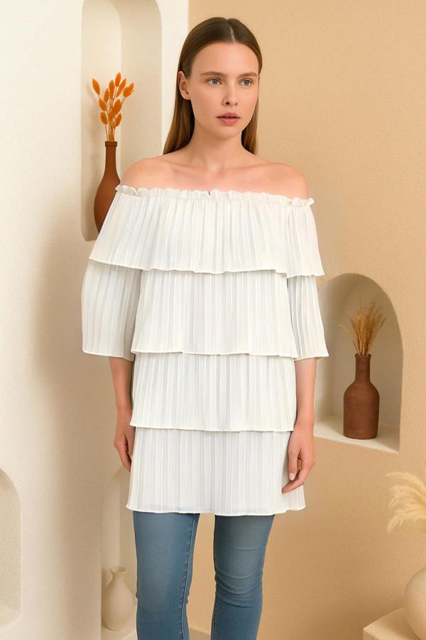 Hoxton Gal Off Shoulder Relaxed Fit 3/4 Sleeves Layered Blouse In White
