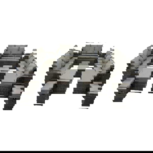 Fimous Rattan Garden Outdoor Furniture Set 3 Seater Sofa Square Coffee Table Set with 4 Stools Dark Grey Mixed