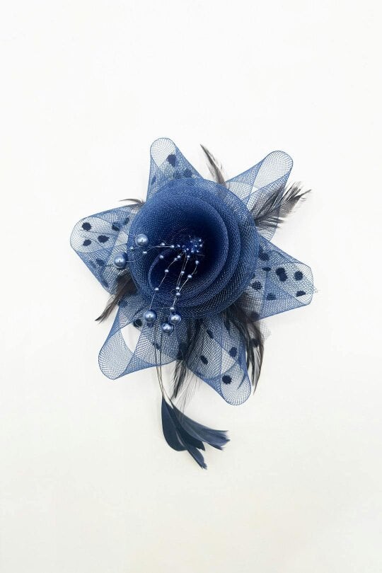 SVNX Rosette Faux Pearl & Polka Veil Feather Fascinator in Navy and Black