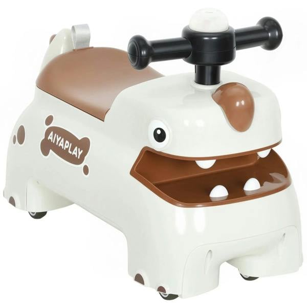 Cream kids ride-on dinosaur walker, brown face details and handlebar, front view