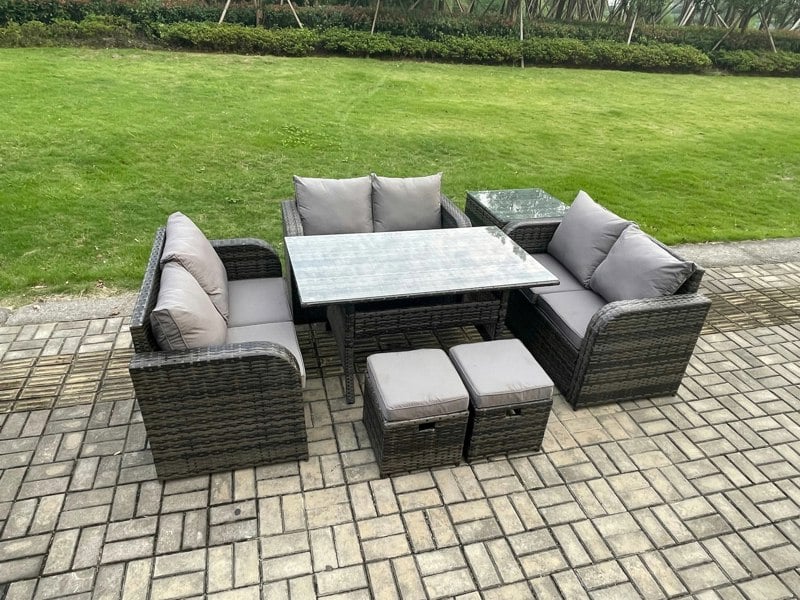 Fimous 8 Seater Outdoor Rattan Garden Furniture Set with Patio Rectangular Dining Table Love Sofa Side Table 2 Small Footstools Dark Grey Mixed