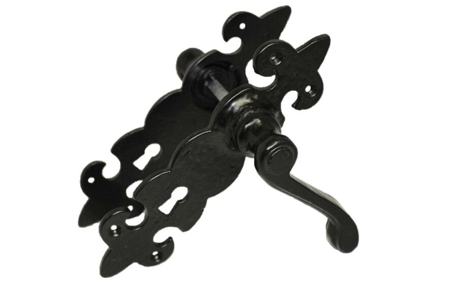 EDH Door Hardware Black Cast Iron Fleur-de-Lys Lever Lock Door Handles  Ornate Antique Internal