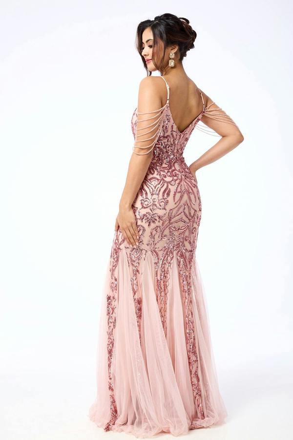 LuvForever Enora - Pink Jewelled Shoulder Sequin Maxi Dress