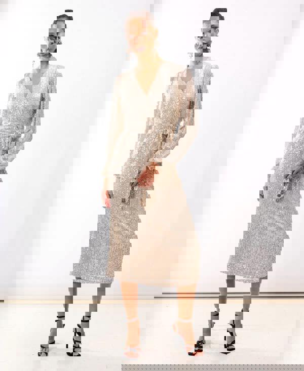 Cream Sequin Wrap Midi Dress