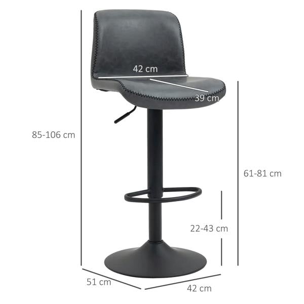 Adjustable dark grey bar stool with backrest, circular base, and footrest ring