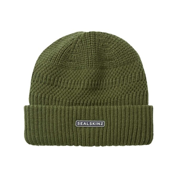 Sealskinz Gressenhall Waterproof Cold Weather Textured Stripe Roll Cuff Beanie - Olive