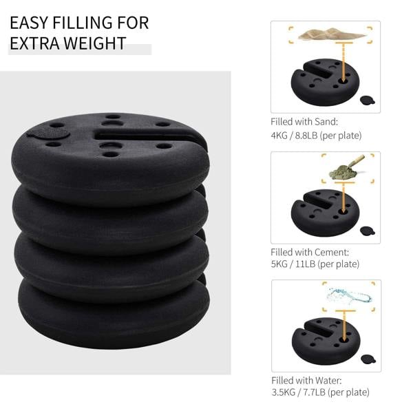 Black heavy-duty tent leg weight plate stack showing fillable top holes