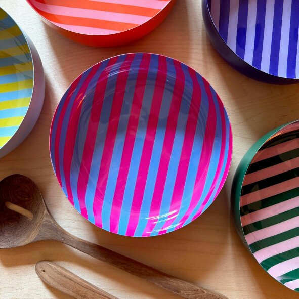 Love Frankie Medium Stripy Bowls - 5 Colours Available - Medium Stripy Bowl in Powder Blue and Hot Pink