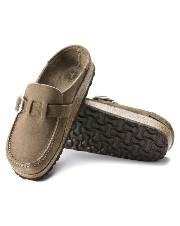 Birkenstock Buckley Suede Leather Womens Mule Moccasins - Grey Taupe - CHO - Designer Womens Shoes