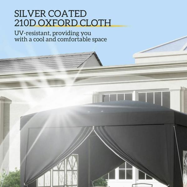 Black pop-up gazebo with side windows and peaked canopy, shown with UV-resistant fabric callout